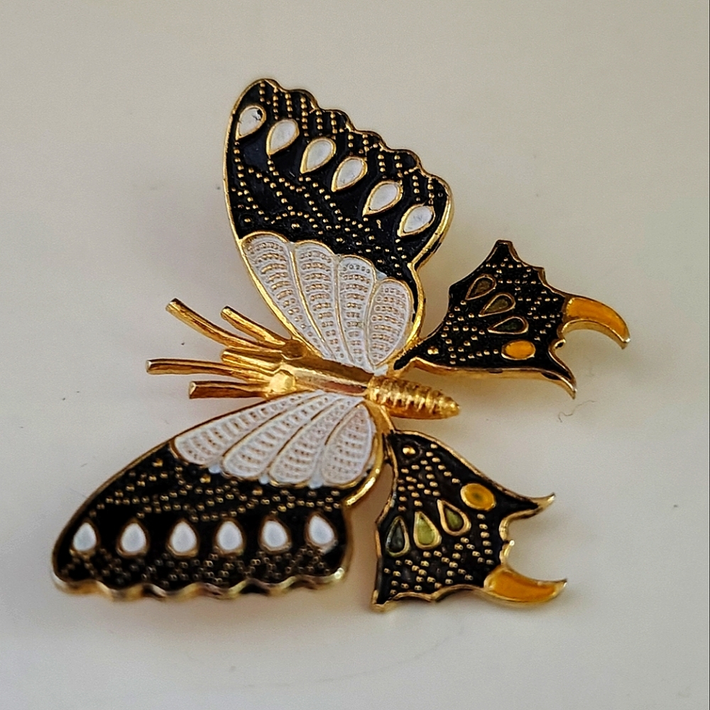 Elegant Vintage Black and Gold Butterfly Brooch | Damascene | Spain